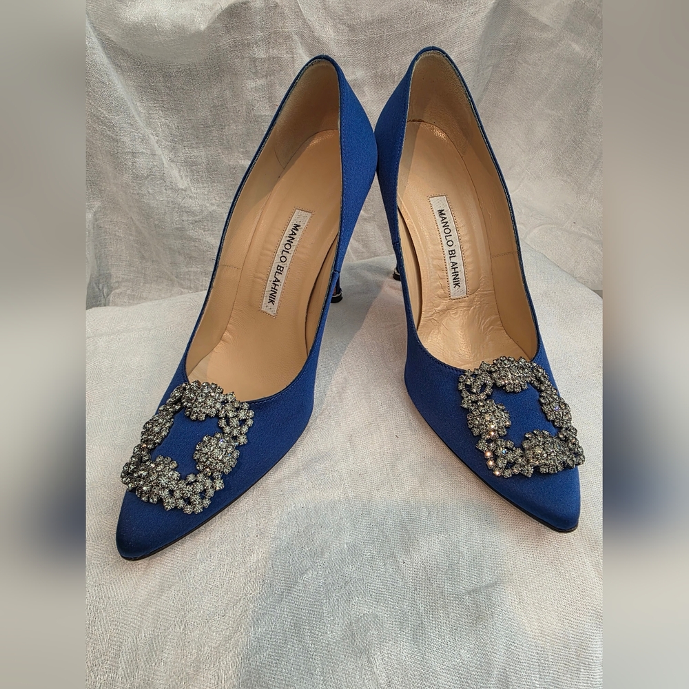 Manolo Blahnik Blue Satin Hangisi Sapphire Heels with Embellished Buckle